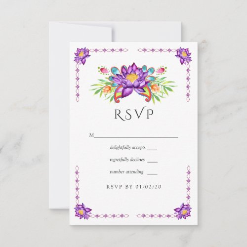 Watercolor Lotus Flower Indian Wedding RSVP Card