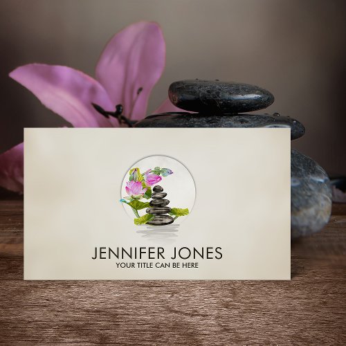 Watercolor Lotus Flowers and Zen Stones Business Card