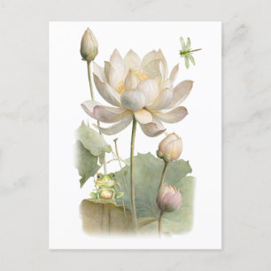 Watercolor Lotus Flowers, Frog and Dragonfly Postcard
