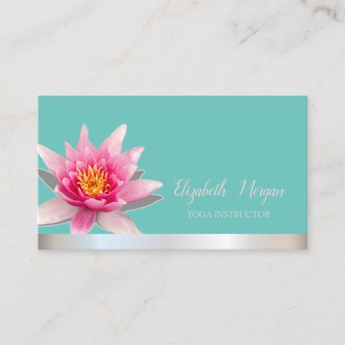 Watercolor Lotus Silver Stripe Teal Yoga  Business Card