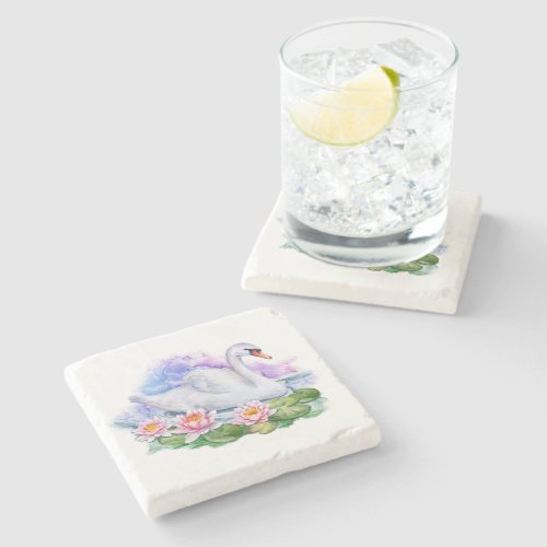 Watercolor Lotus Swan Marble Stone Coaster