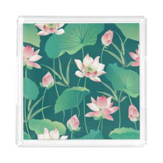 Watercolor lotus: vintage seamless flowers. acrylic tray