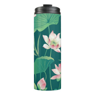 Watercolor lotus: vintage seamless flowers. thermal tumbler