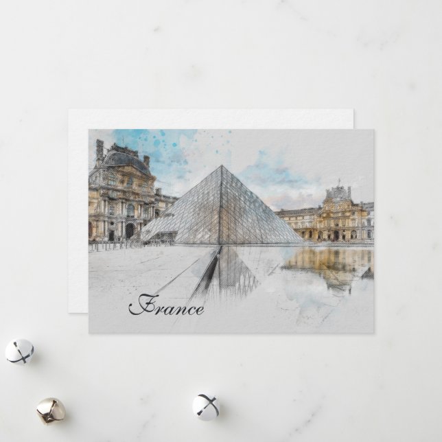 Watercolor Louvre Noël Greeting Card – Elegant  (Front/Back In Situ)