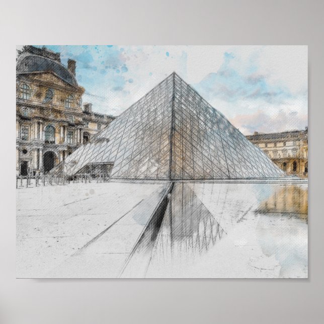 Watercolor Louvre Paris France Poster | Artistic  (Front)