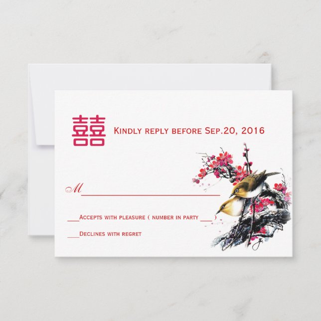 Watercolor Love Birds Chinese Xi RSVP (Front)