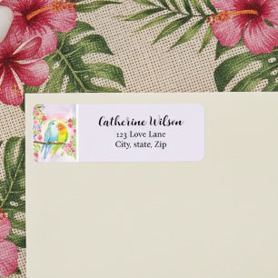 Watercolor Love Birds with Pink Flowers Label