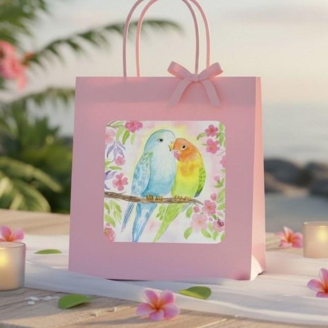 Watercolor Love Birds with Pink Flowers Square Sticker (Creator Uploaded)