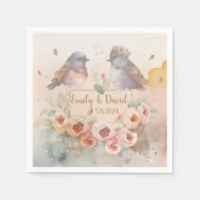 Watercolor love birds with roses for wedding napkins (Front)