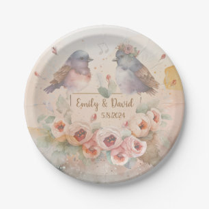 Watercolor love birds with roses for wedding paper plates