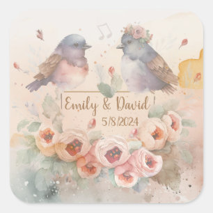 Watercolor love birds with roses for wedding square sticker