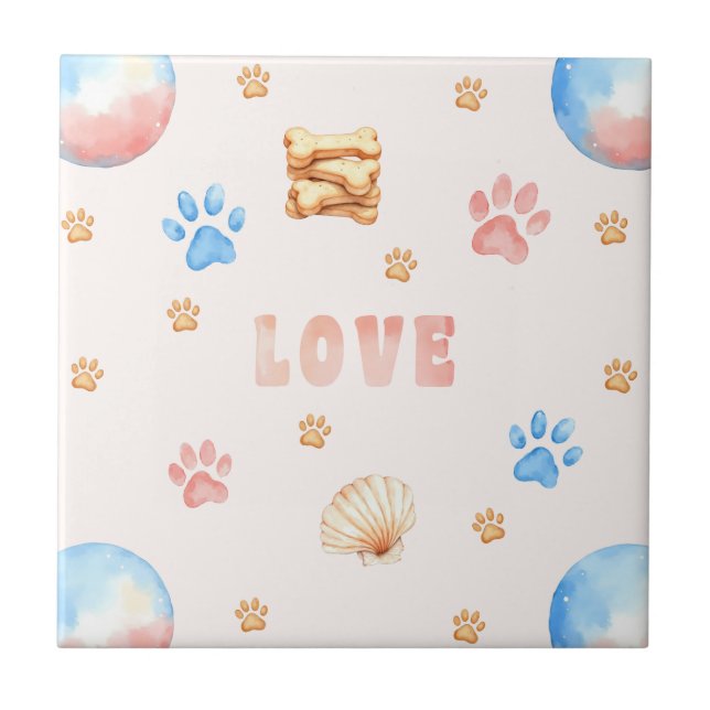 Watercolor "LOVE" Design with Dog Paw Prints Ceramic Tile (Front)
