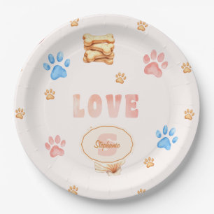 Watercolor "LOVE" Design with Dog Paw Prints Paper Plates