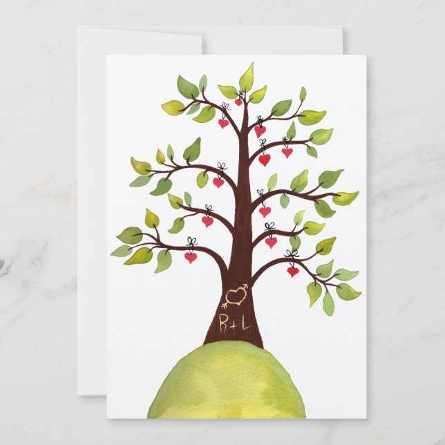 Watercolor Love Heart Tree Carving Wedding Invite (Front)