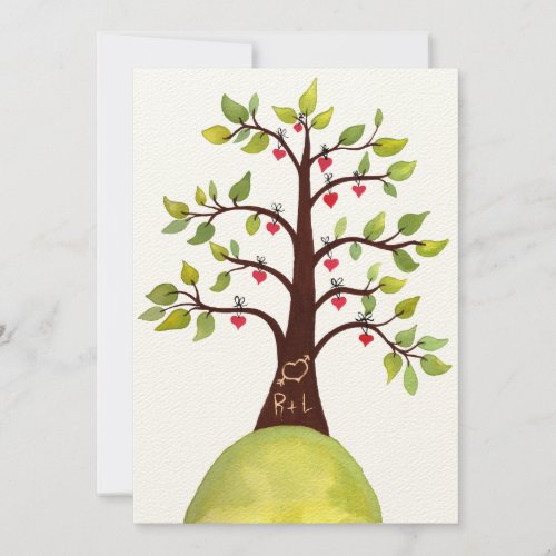 Watercolor Love Heart Tree Carving Wedding Invite