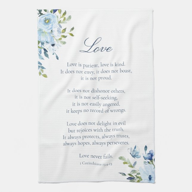 Watercolor Love is Patient Blue White Kitchen Towel (Vertical)