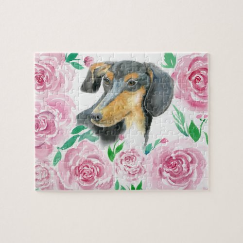 Watercolor Love Of A Dachshund With Pink Roses  Jigsaw Puzzle
