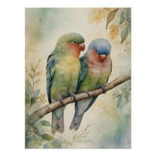 Watercolor Lovebirds Eucalyptus Tree Poster