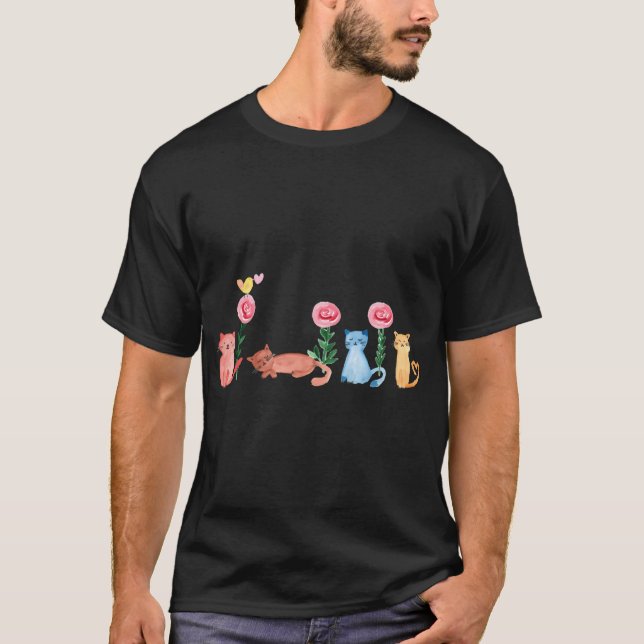 Watercolor - Lovely Cats And Roses  T-Shirt (Front)