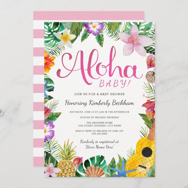 Watercolor Luau Baby Shower Invite | Pink (Front/Back)