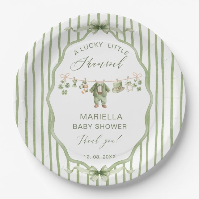  Watercolor Lucky Charm Shamrock baby shower Paper Plates (Front)