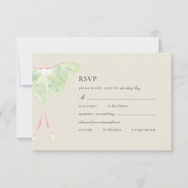 Watercolor Luna Moth Wedding RSVP Card (Front)