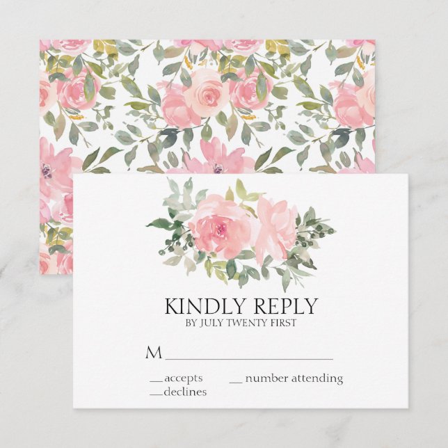 Watercolor Lush Blush Pink Floral Wedding RSVP Card (Front/Back)