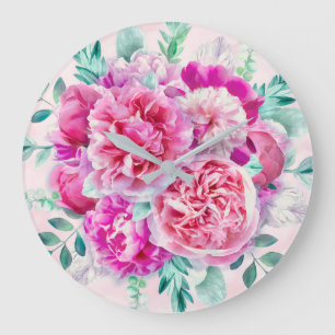 Watercolor Lush Pink Peonies & Green Teal Leaves Large Clock