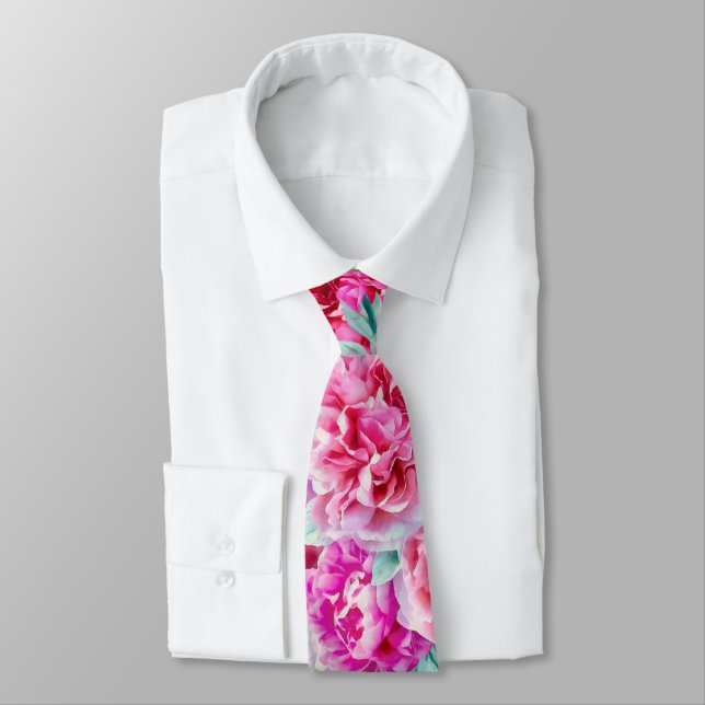 Watercolor Lush Pink Peonies & Green Teal Leaves N Neck Tie (Tied)