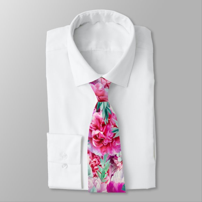 Watercolor Lush Pink Peonies & Green Teal Leaves Neck Tie (Tied)