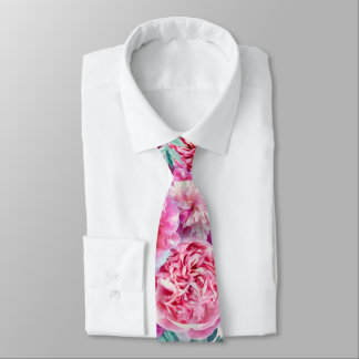 Watercolor Lush Pink Peonies & Green Teal Leaves Neck Tie