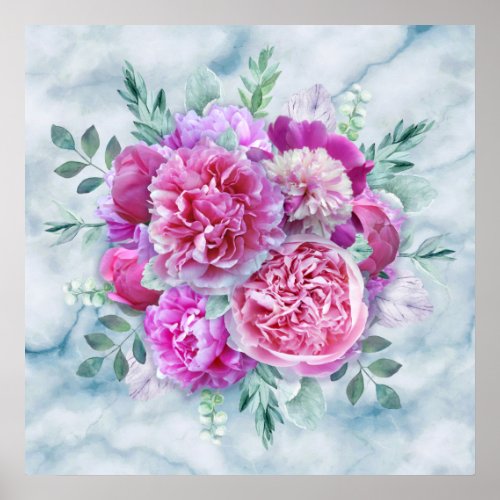 Watercolor Lush Pink Peonies  Green Teal Leaves  Poster