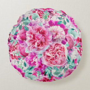 Watercolor Lush Pink Peonies & Green Teal Leaves Round Pillow
