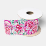 Watercolor Lush Pink Peonies &amp; Green Teal Leaves Satin Ribbon