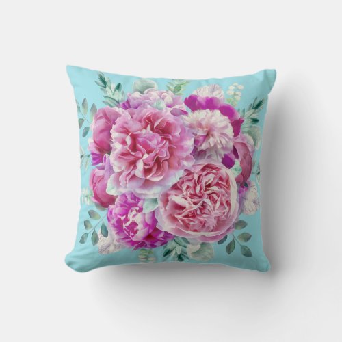 Watercolor Lush Pink Peonies  Green Teal Leaves Throw Pillow