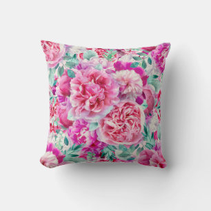 Watercolor Lush Pink Peonies & Green Teal Leaves   Throw Pillow
