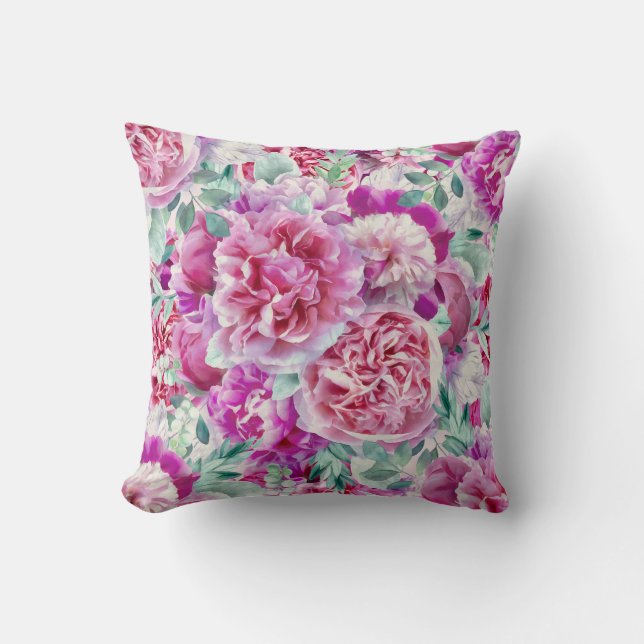 Watercolor Lush Pink Peonies & Green Teal Leaves   Throw Pillow (Front)
