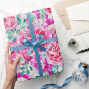 Watercolor Lush Pink Peonies & Green Teal Leaves Wrapping Paper