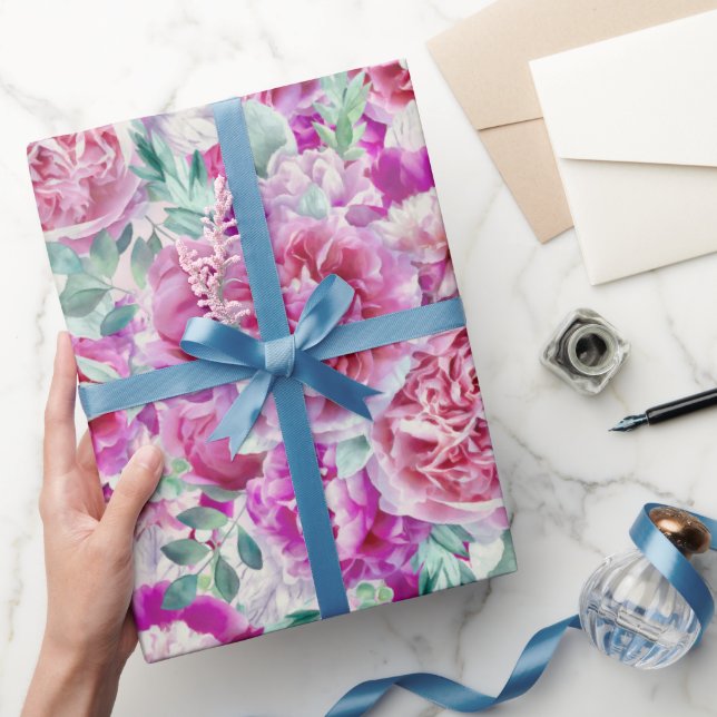 Watercolor Lush Pink Peonies & Green Teal Leaves Wrapping Paper (Gifting)