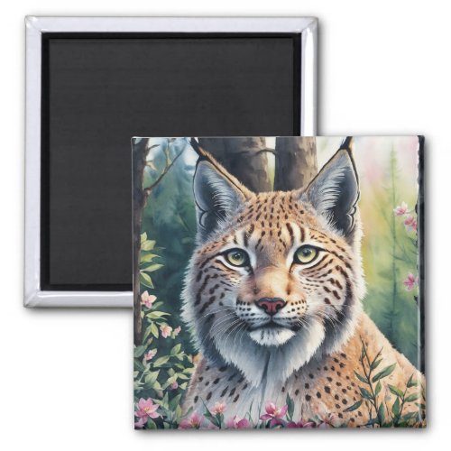 Watercolor Lynx Artwork Floral Feline Magnet