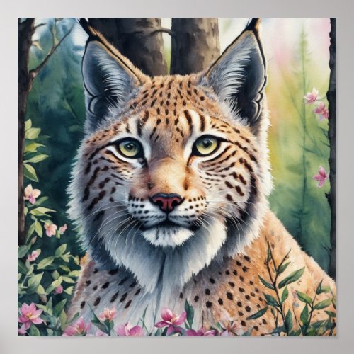 Watercolor Lynx Artwork Floral Feline Poster