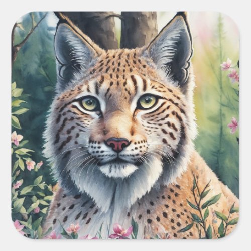 Watercolor Lynx Artwork Floral Feline Square Sticker