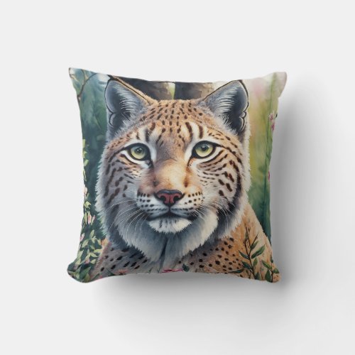 Watercolor Lynx Artwork Floral Feline Throw Pillow