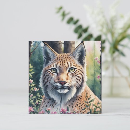 Watercolor Lynx Artwork Floral Flat Card