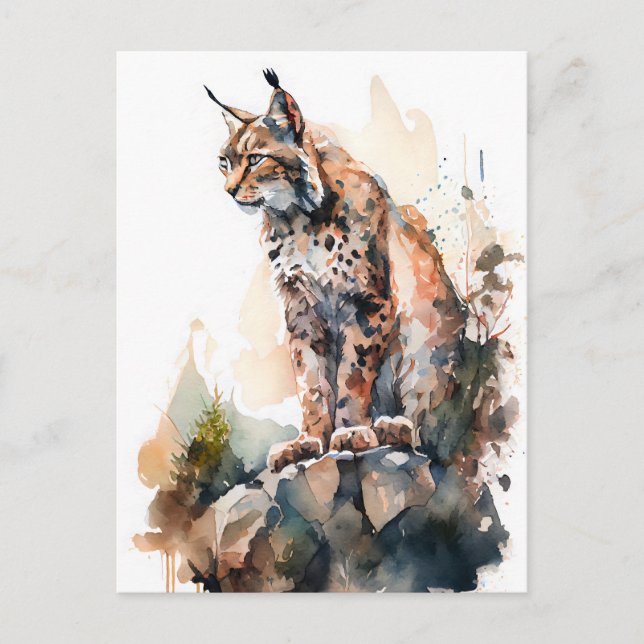 Watercolor Lynx Sitting on Rocks Postcard (Front)