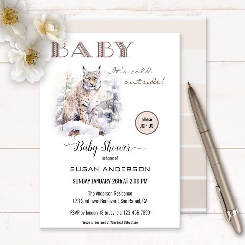 Watercolor Lynx Winter Baby Shower Invitation