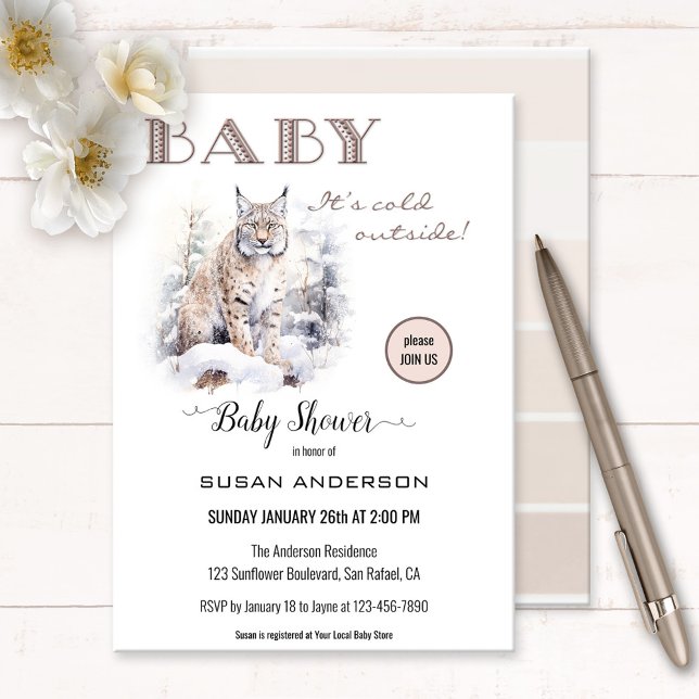 Watercolor Lynx Winter Baby Shower Invitation (A watercolor baby shower invitation featuring a lynx in snow. Beautiful for cat and nature lovers)