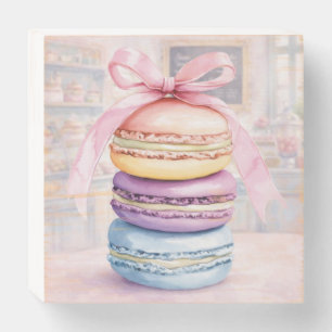 Watercolor Macaron Stack with Pink Bow Wooden Box Sign
