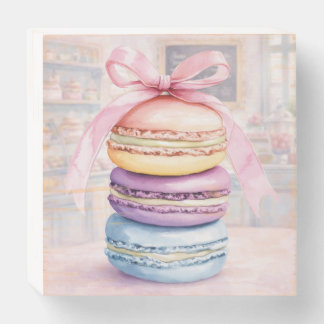 Watercolor Macaron Stack with Pink Bow  Wooden Box Sign