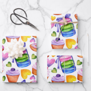 Watercolor Macaron & Sweet Cupcakes Pattern Wrapping Paper Sheets